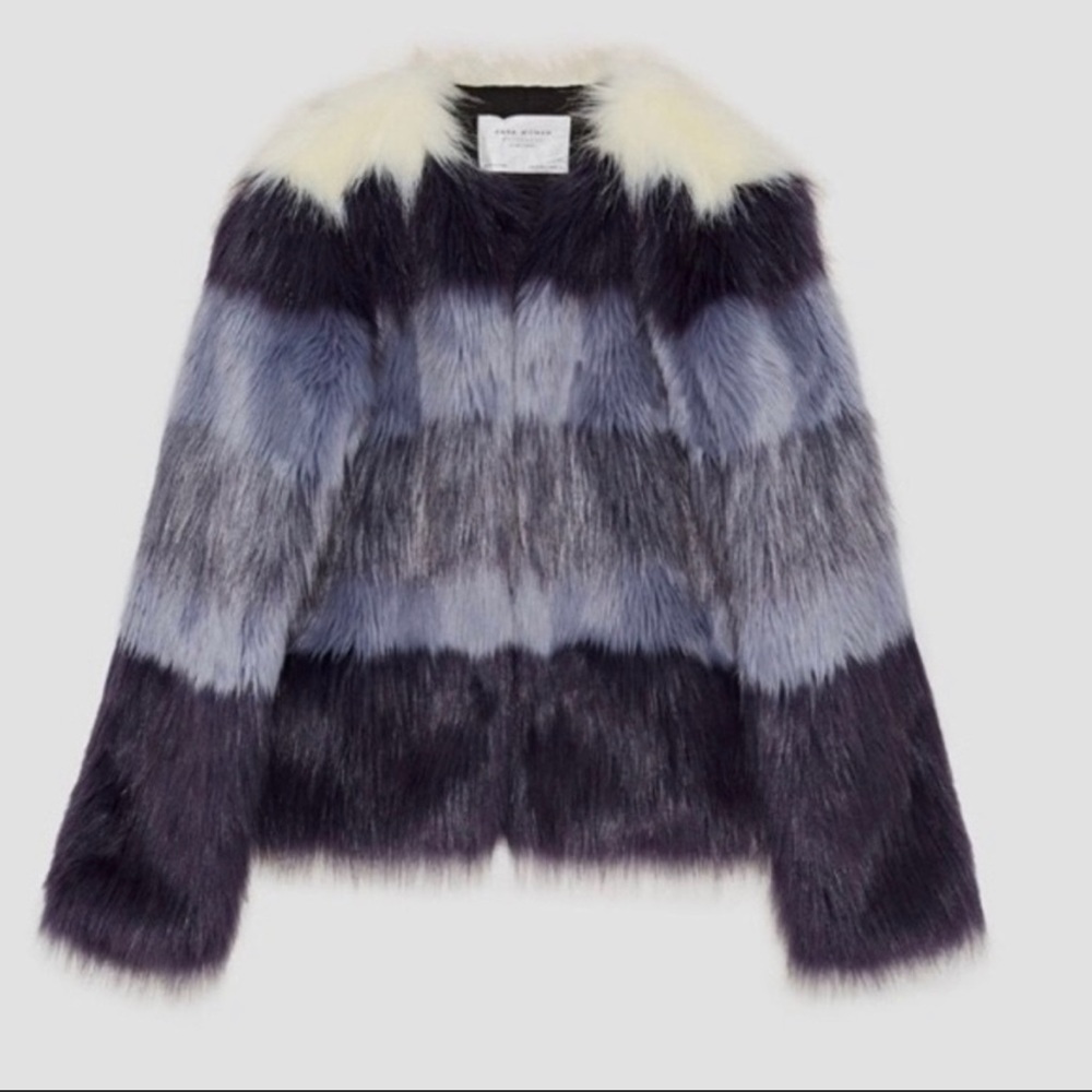 Zara woman ombré striped blue white faux fur coat size S